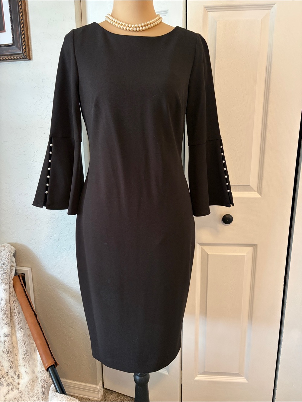 Calvin Klein Black 3/4 sleeve sheath dress with pearl accents on sleeves size 4